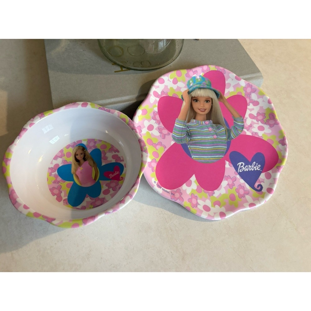 1999 Mattel Barbie Girls Kids Plate Bowl Dish Set Jakks Vintage Floral 90s Pink
